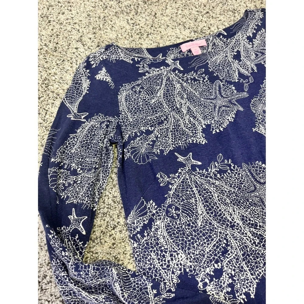 Lilly Pulitzer Navy White Coral Starfish Print Silk Cotton Shift‎ Dress Size M - Picture 4 of 11